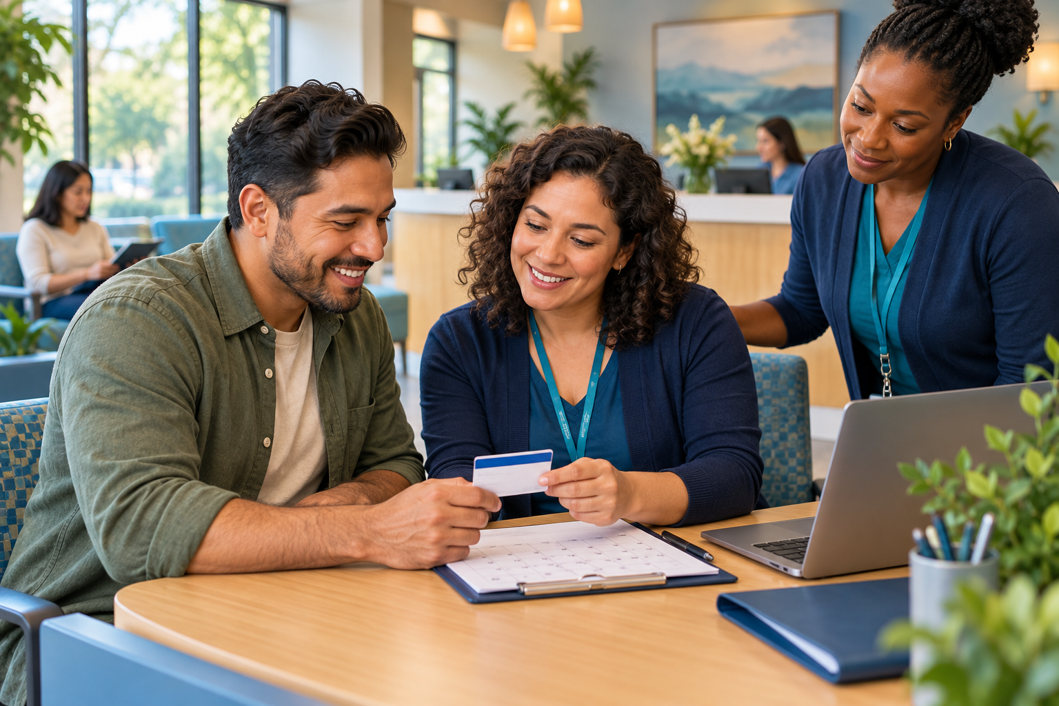 A caring enrollment specialist helping a patient review coverage and schedule an assessment
